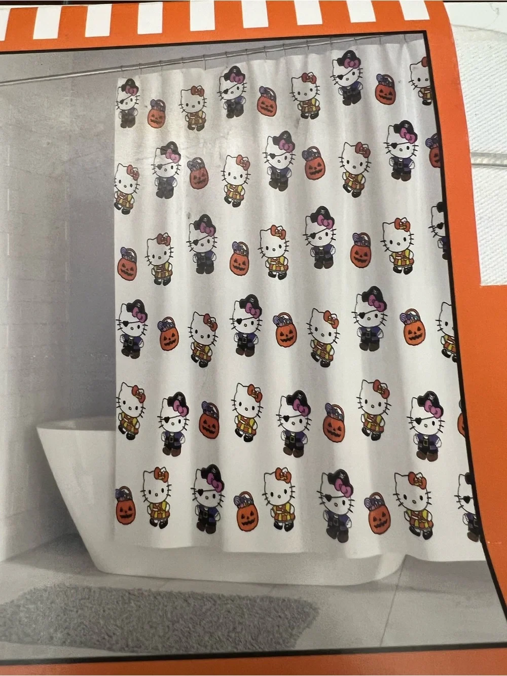 Hello Kitty Halloween Shower Curtain - White with Orange, Black & Purple Accents